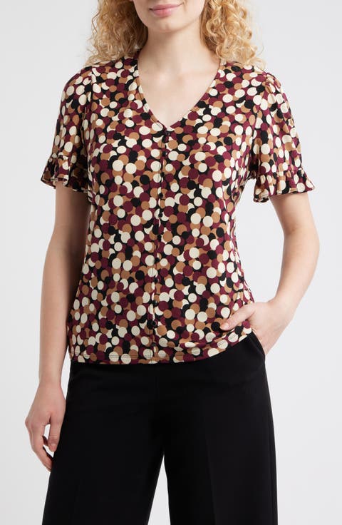 Dot Print Short Sleeve Button-Up Shirt (Petite)