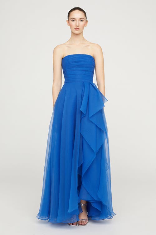 Theia Teresa Draped Strapless Gown In Blue