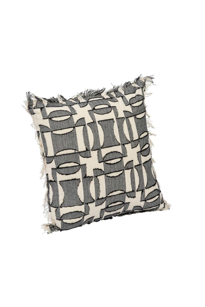18 Inches Square Woven Cotton Pillow with Geometric Pattern, Chambray Back and Fringe, Multicolored, Main, color, Black