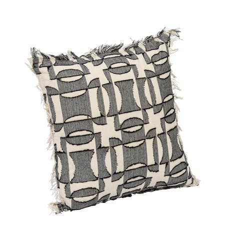 18 Inches Square Woven Cotton Pillow with Geometric Pattern, Chambray Back and Fringe, Multicolored