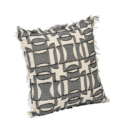 Storied Home 18 Inches Square Woven Cotton Pillow With Geometric Pattern, Chambray Back And Fringe, In Black