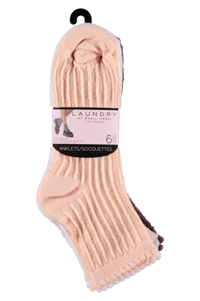 6-Pack Ruffle Scallop Anklet Socks, Main, color, SOFT PEACH/ WHITE/ OATMEAL