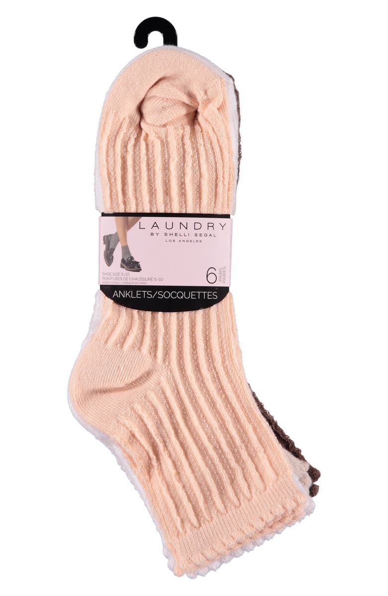 Laundry by Shelli Segal 6-Pack Ruffle Scallop Anklet Socks, Main, color, Soft Peach/ White/ Oatmeal