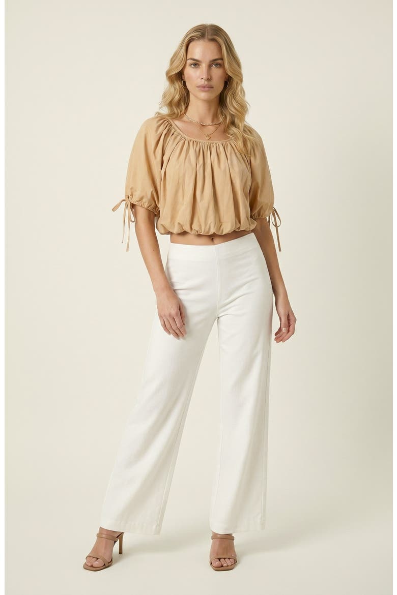 Puff Sleeve Short Top with Gathered Neckline, Alternate, color, Khaki