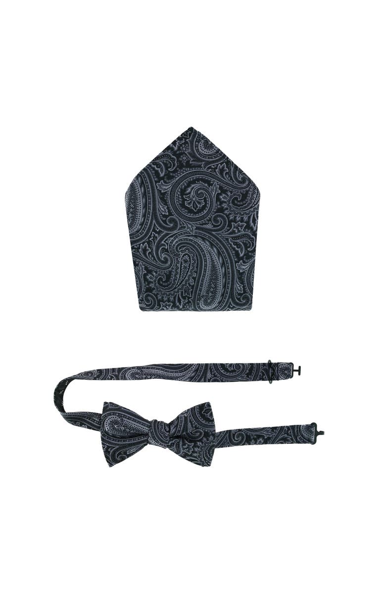 Trafalgar Sobee Paisley Silk Bow Tie & Pocket Square Set, Main, color, Black