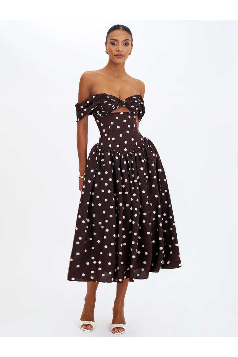 Xandie Polka Dot Off-Shoulder Midi Dress, Alternate, color, Mocha
