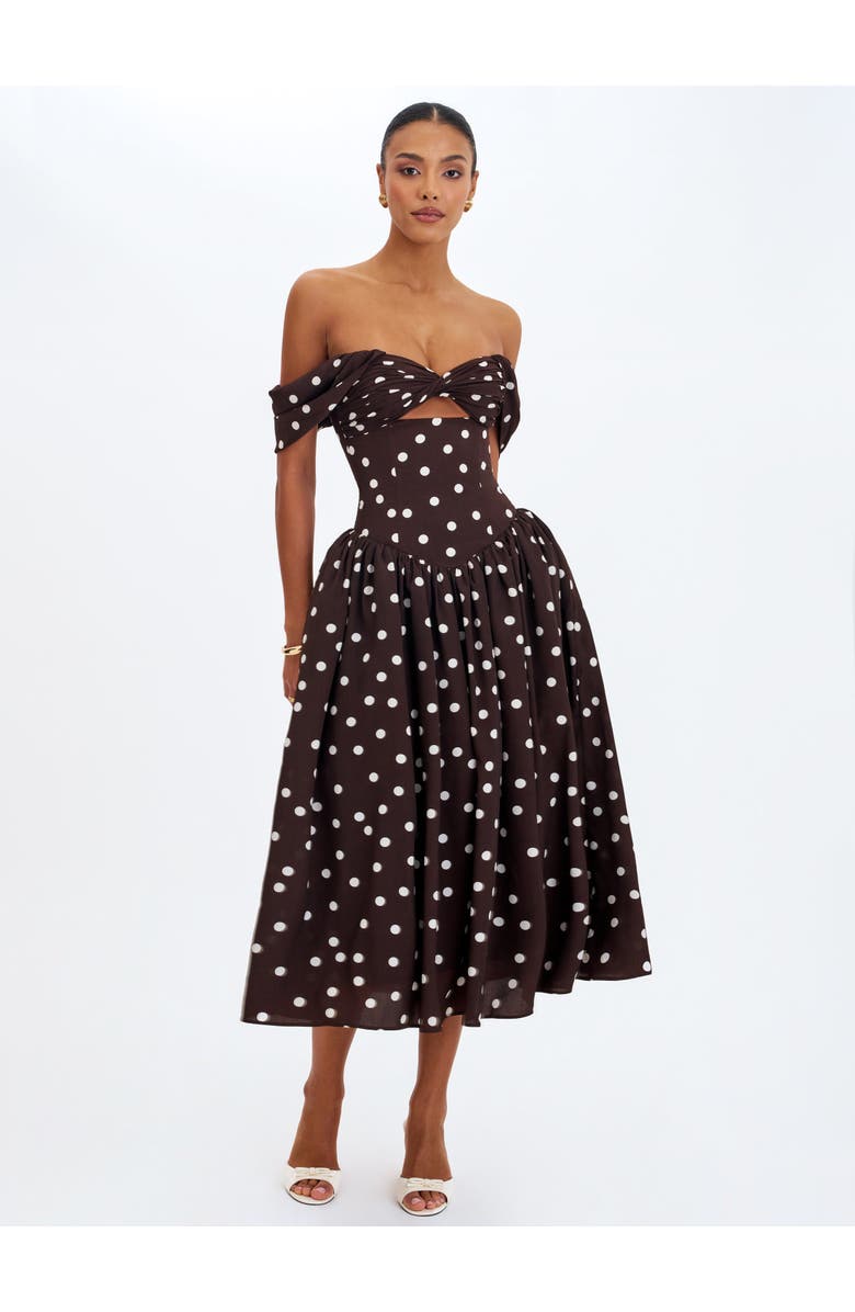 Miss Circle Xandie Polka Dot Off-Shoulder Midi Dress, Alternate, color, Mocha