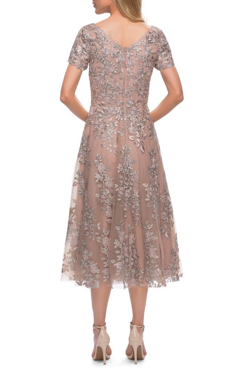 La Femme Tea Length Mother Of The Bride Dress With Short Sleeves In Champagne