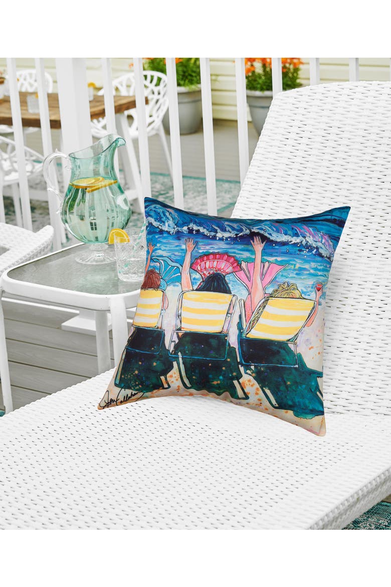 Relaxing Mermaid Tails Printed Indoor/Outdoor Pillow 18" x 18", Alternate, color, Blue