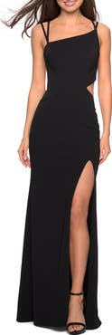 La Femme Asymmetrical Jersey Prom Dress with Cut Outs