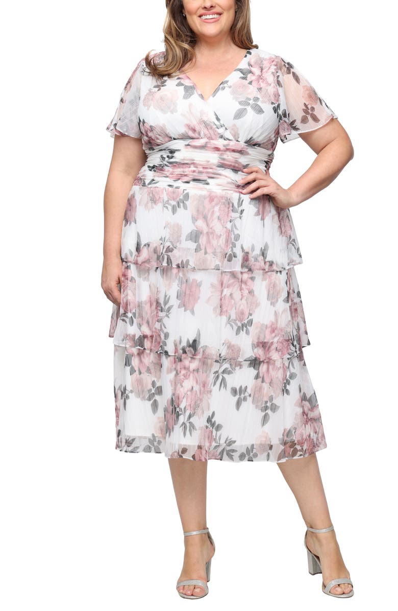 SL FASHIONS Floral Print Tiered Bodre Midi Dress, Main, color, Ivory Mult