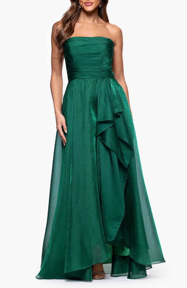 Xscape Evenings Strapless Ruffle Detail Metallic Organza Gown, Main, color, Green