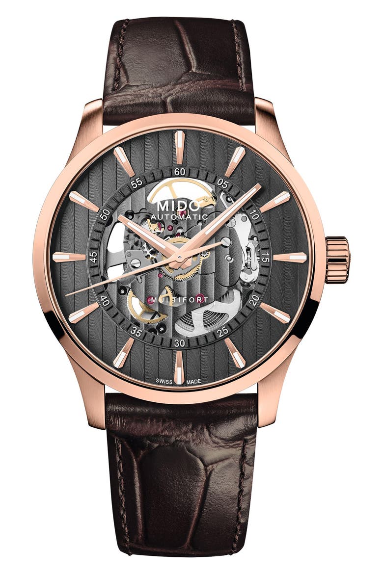 Multifort Skeleton Vertigo Rose Gold Tone Automatic Leather Strap Watch, 42mm, Main, color, BLACK