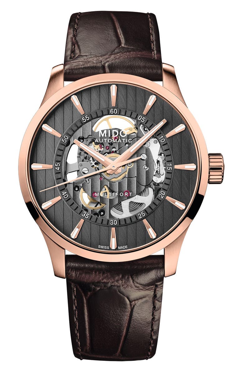 MIDO Multifort Skeleton Vertigo Rose Gold Tone Automatic Leather Strap Watch, 42mm, Main, color, 