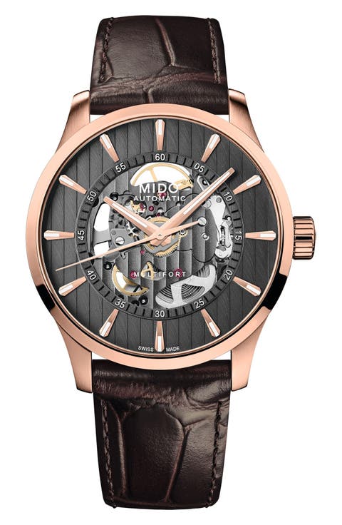 Multifort Skeleton Vertigo Rose Gold Tone Automatic Leather Strap Watch, 42mm