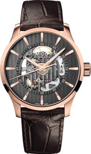 MIDO Multifort Skeleton Vertigo Rose Gold Tone Automatic Leather Strap Watch, 42mm