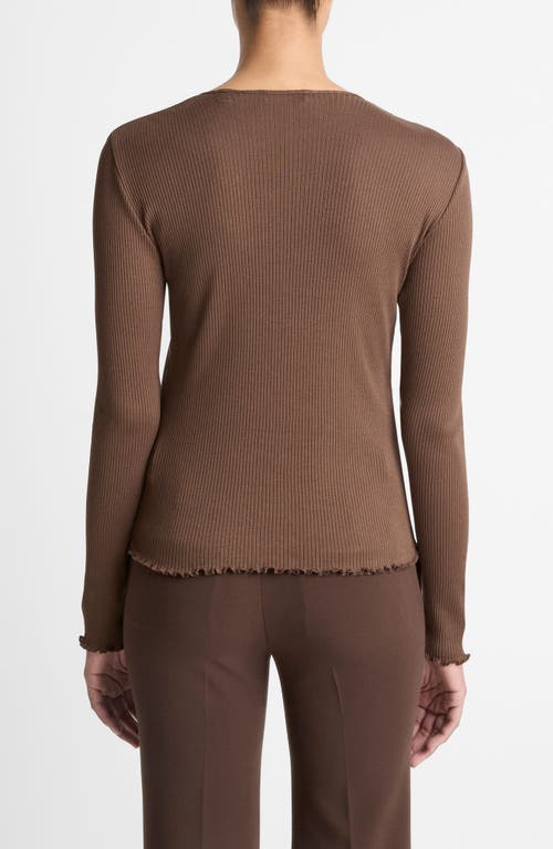 Vince Rib Ruffle Edge Pima Cotton Crewneck Top In Brown