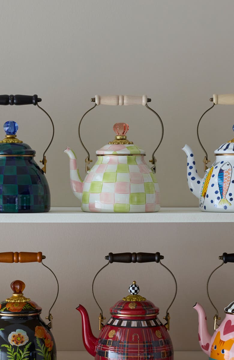 MACKENZIE CHILDS Palm Beach Check Enameled Steel 2-Quart Tea Kettle, Alternate, color, Green