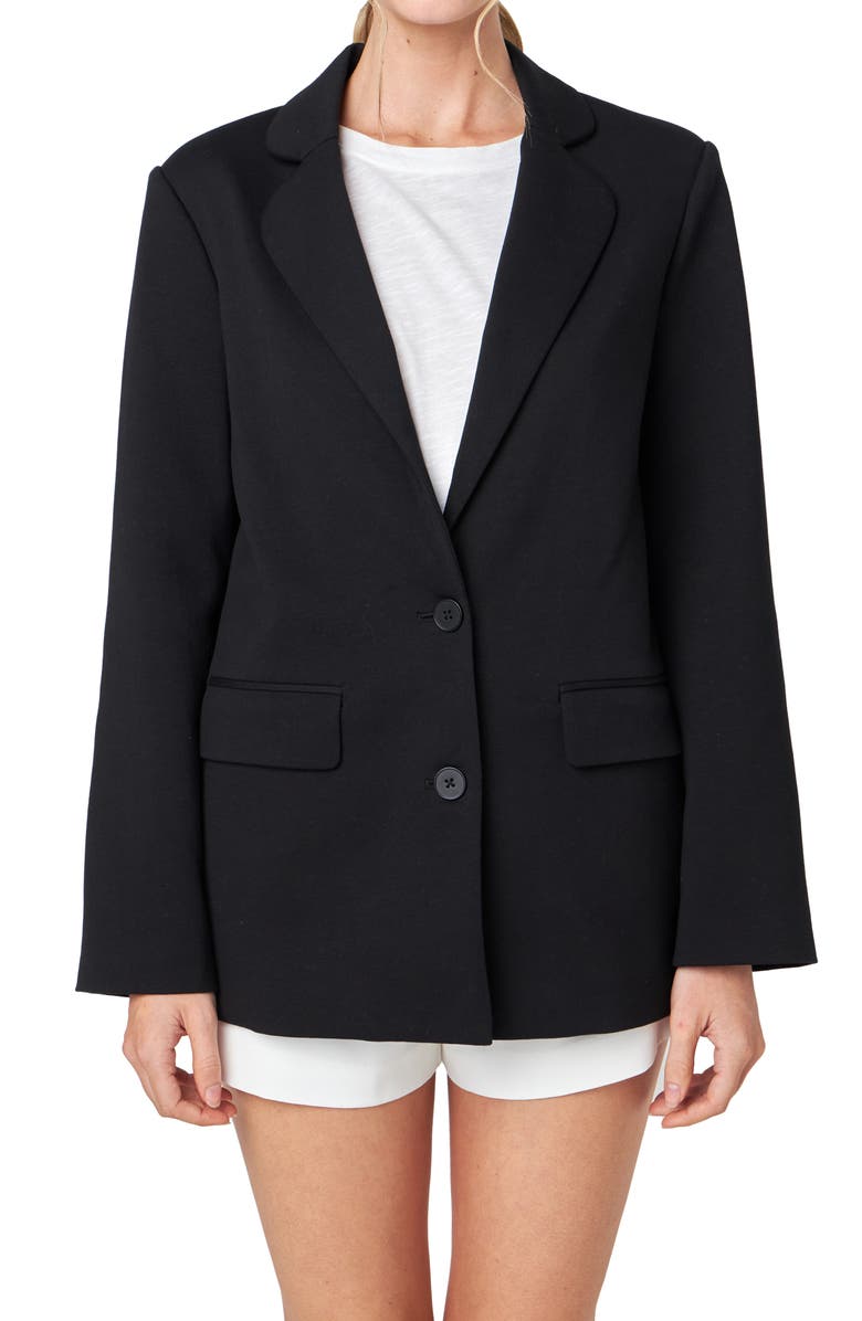 English Factory Curved Lapel Stretch Cotton Blazer, Alternate, color, Black