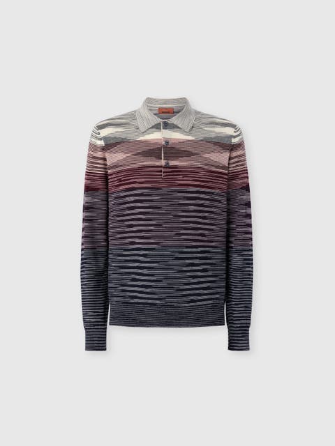 Long Sleeve Polo In Pure Wool With Flame Pattern
