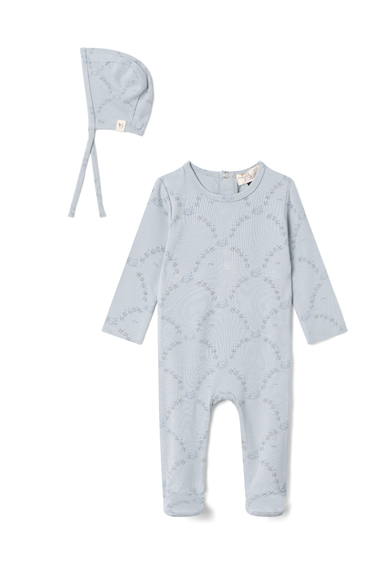 Rocking Horse Print Romper with Hat, Main, color, Blue Mist