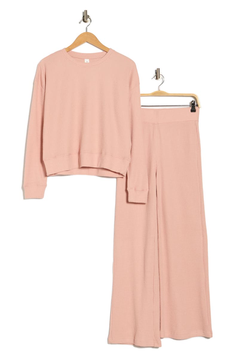 YOGALICIOUS Long Sleeve Top & Pants Waffle Knit Pajamas, Alternate, color, Blush Silk