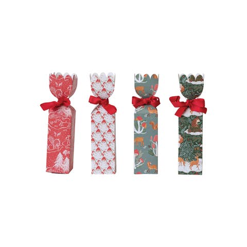 Tall Paper Gift Boxes with Woodland Flora and Fauna Pattern and Red Ribbons, Multicolor, Set of 4