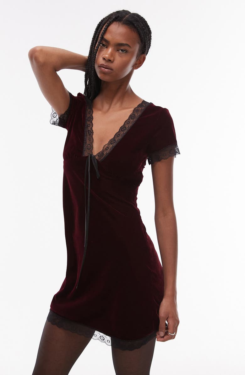 Topshop Lace Trim Velvet Minidress, Alternate, color,