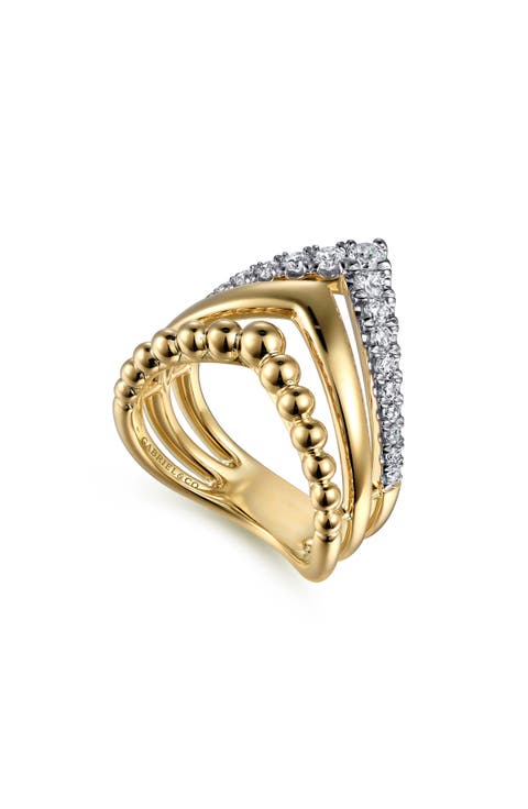 14k Gold Diamond Triple Row V-Ring
