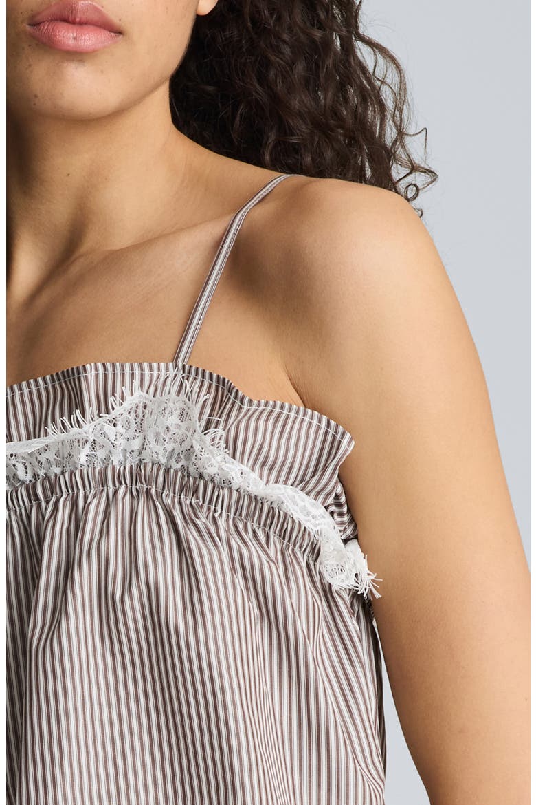 Shirred Lace Trim Cotton Camisole, Alternate, color, BRUNETTE / PURE WHITE