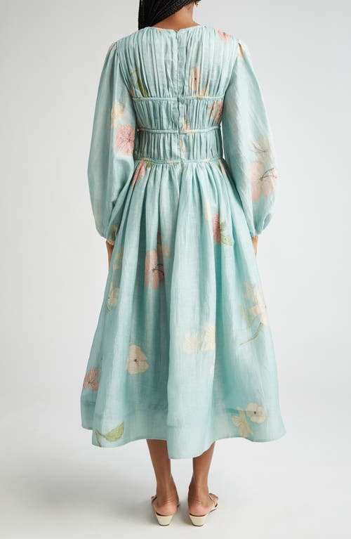 Shop Zimmermann Drawn Metallic Floral Long Sleeve Linen & Silk Dress In Mint Hibiscus