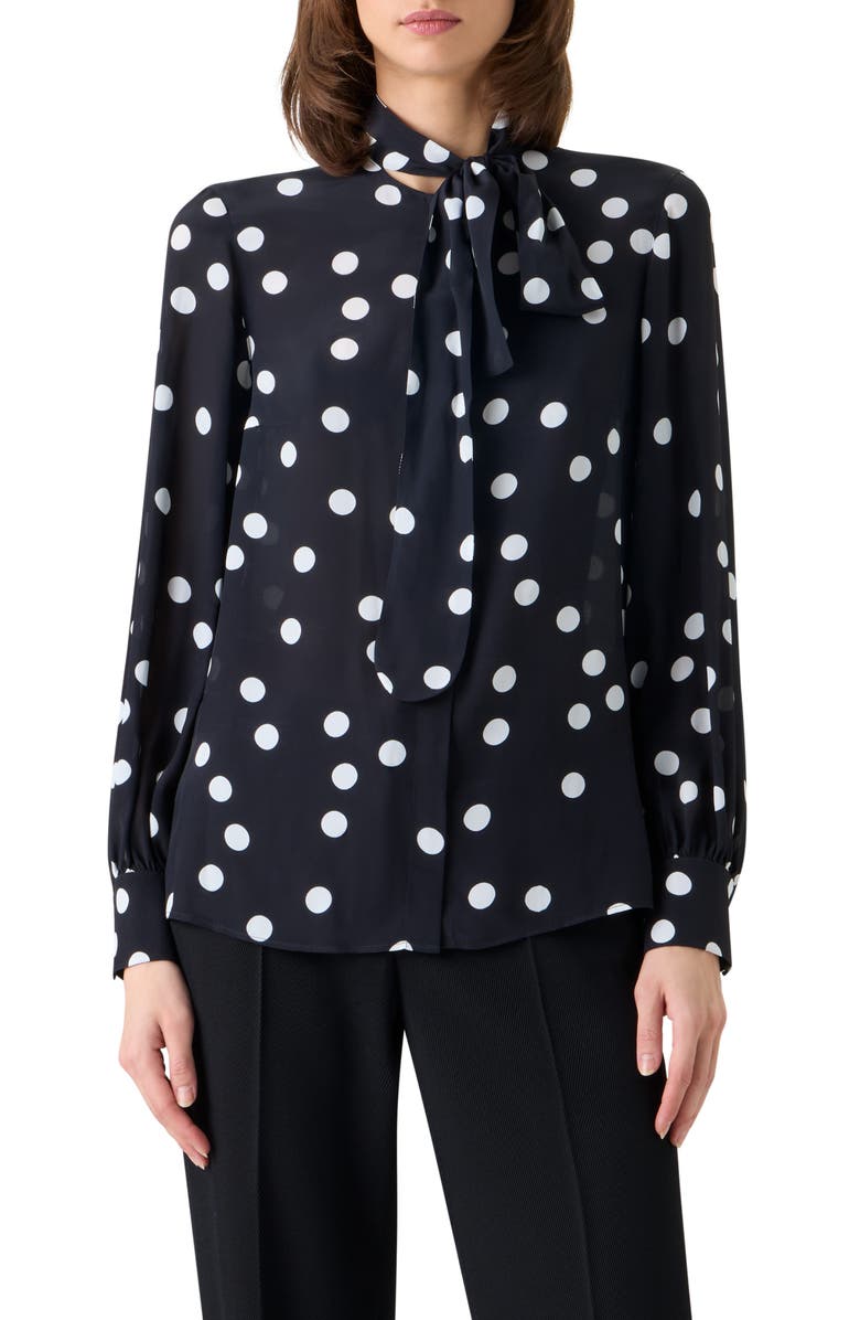 Akris punto Polka Dot Silk Georgette Tie Neck Top, Main, color, Black-Cream
