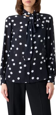 Akris punto Polka Dot Silk Georgette Tie Neck Top