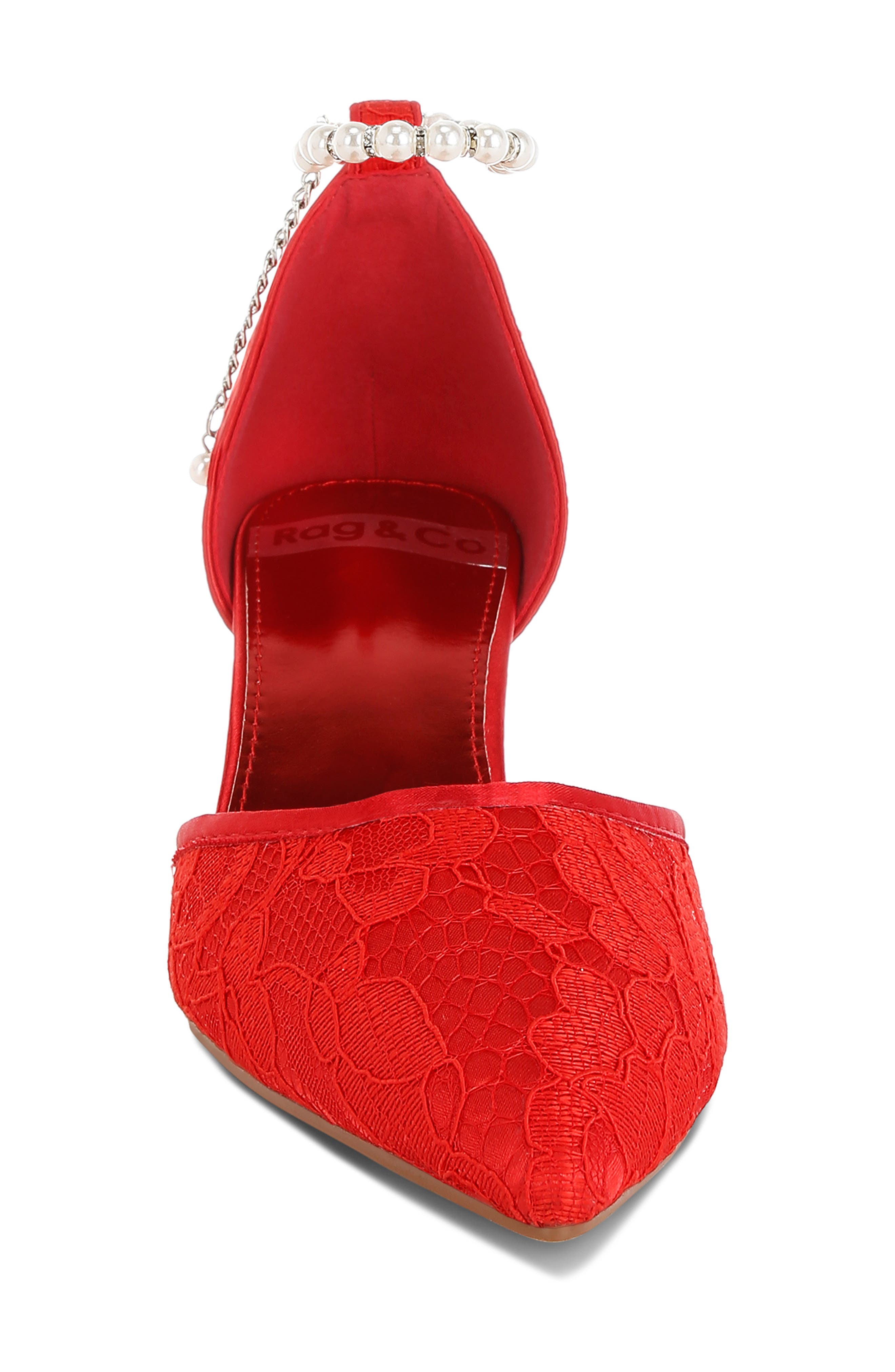 Rag & Co Bruna Faux Pearl Ankle Tie Lace Pump, Alternate, color, Red