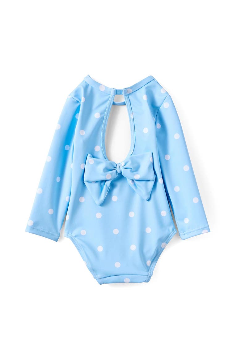 Baby Long Sleeve Keyhole Back Swimsuit, Alternate, color, Dawn Blue Spots