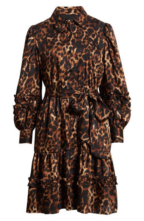 Anne Klein Leopard Tie Waist Long Sleeve Shirtdress In Multi