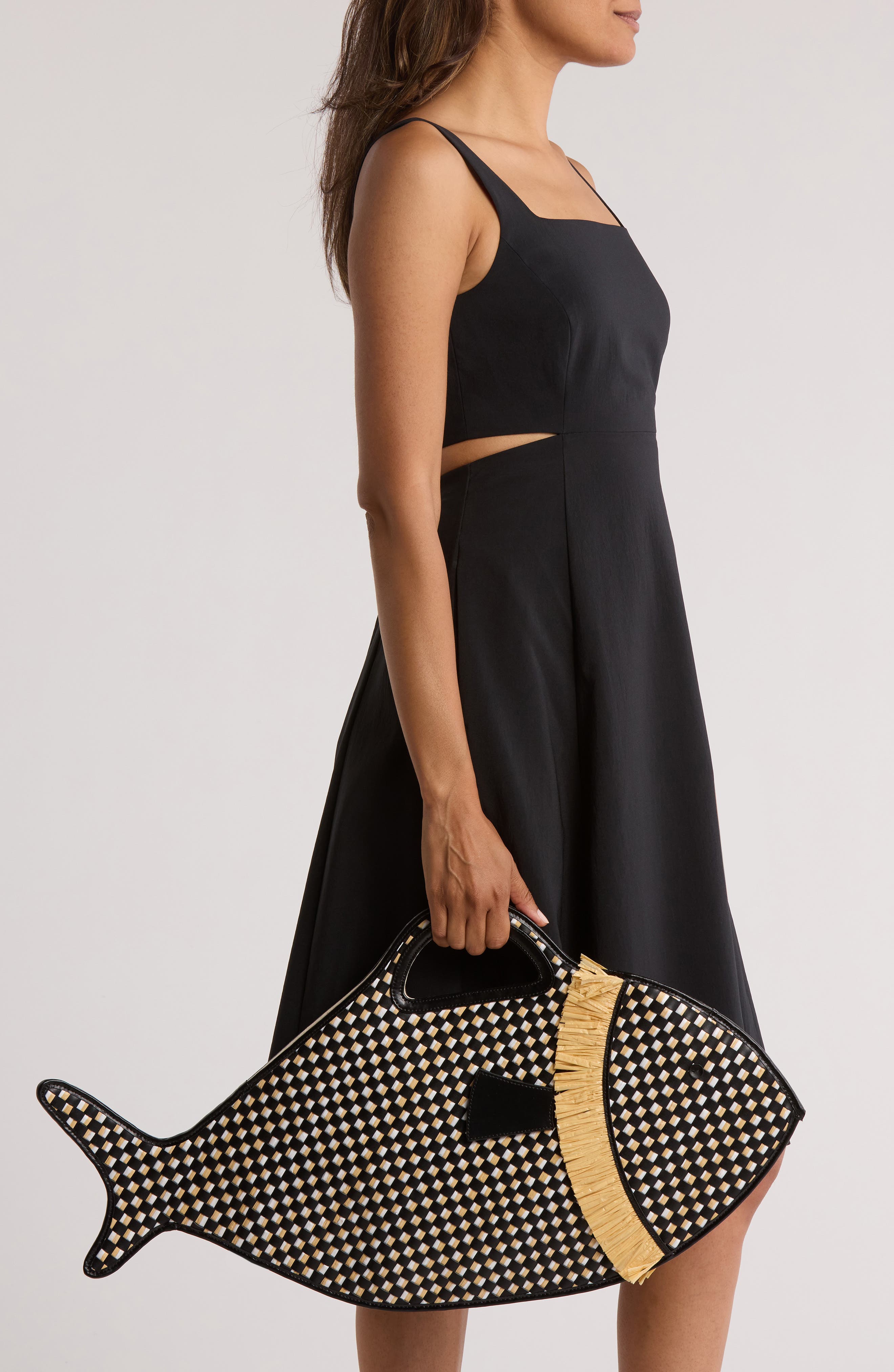 STAUD Cleo Fish Woven Raffia Basket Bag, Alternate, color, Black/ Natural