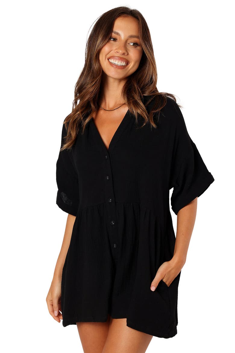 Winny Crinkle Cotton Romper, Alternate, color, BLACK