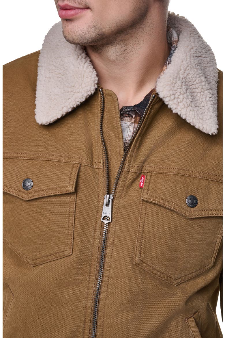 Cotton Aviator Bomber Jacket with Faux Shearling Collar, Alternate, color, BROWN