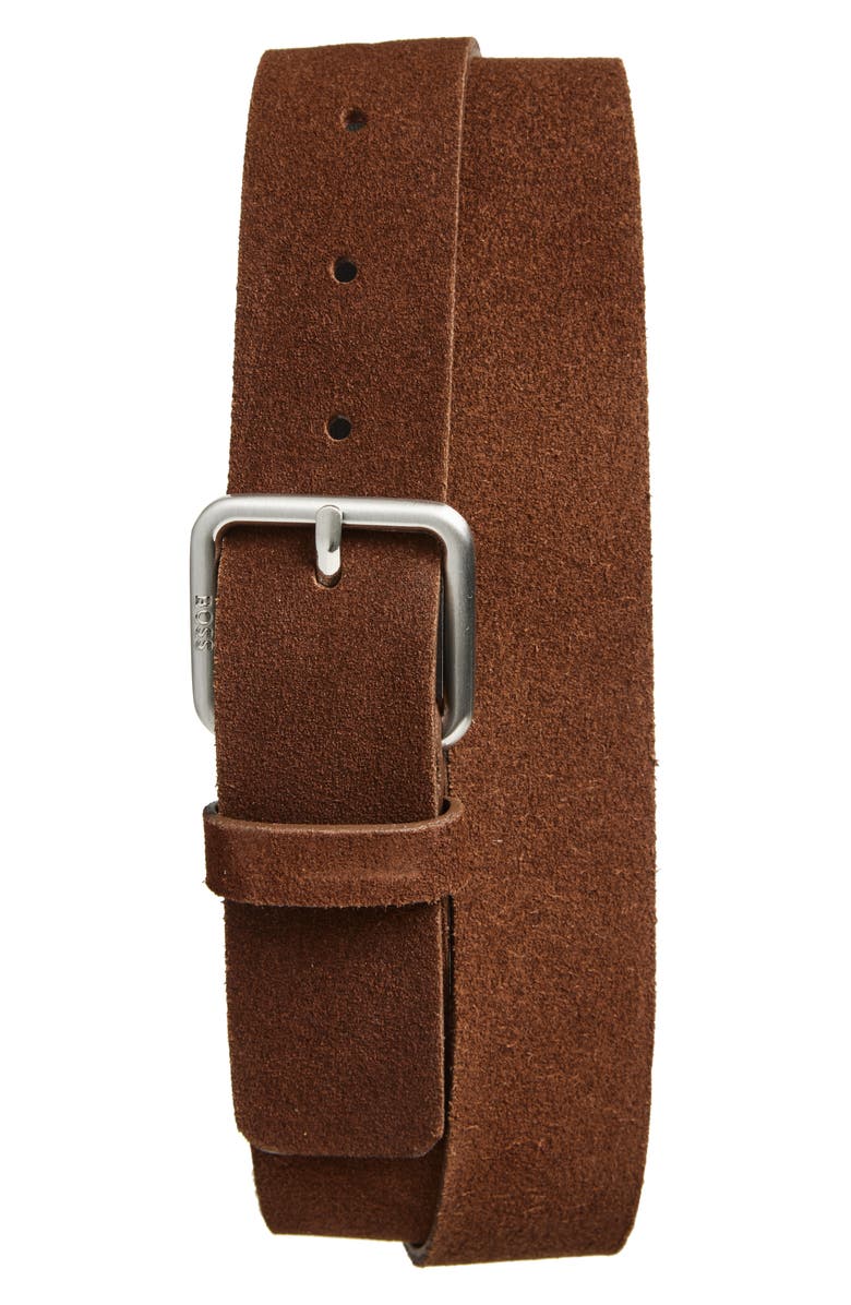 BOSS Suede Belt, Main, color, Medium Brown