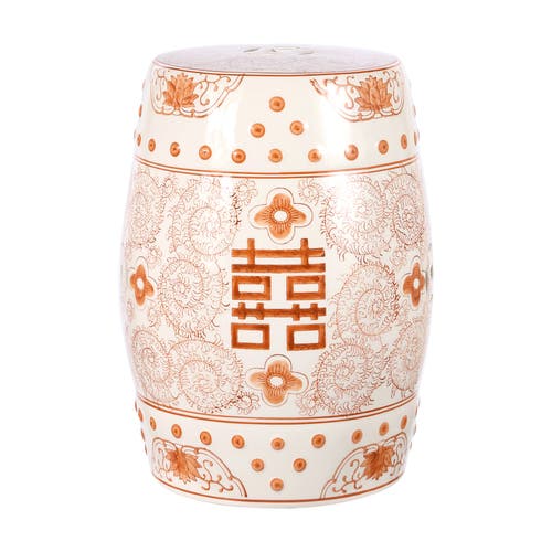 Jonathan Y Double Happiness 18" Chinoiserie Ceramic Drum Garden Stool In Orange/white