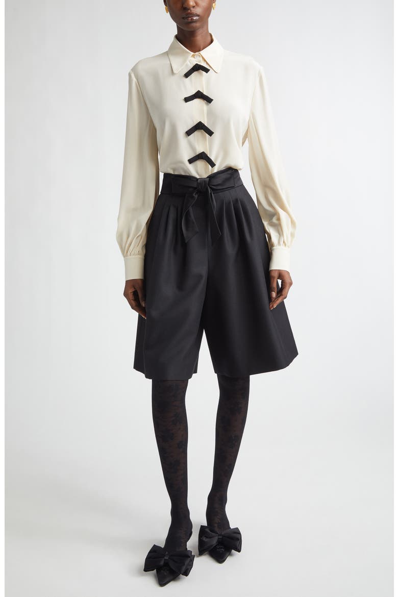 Bow Detail Silk Crêpe de Chine Button-Up Shirt, Alternate, color, VANILLA