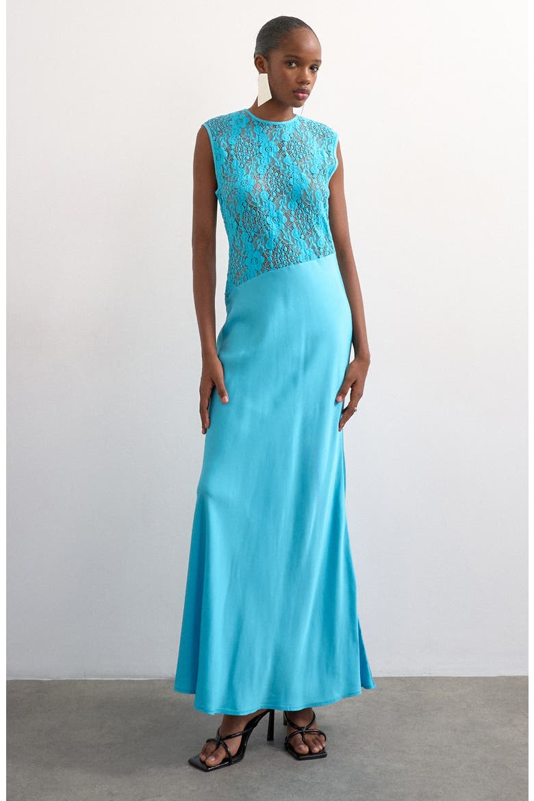 Satin & Lace Maxi Dress, Main, color, TURQUOISE