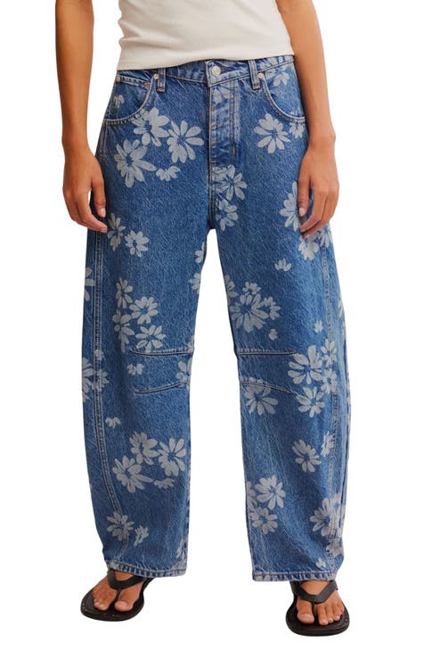 Floral Print Denim Barrel Jeans