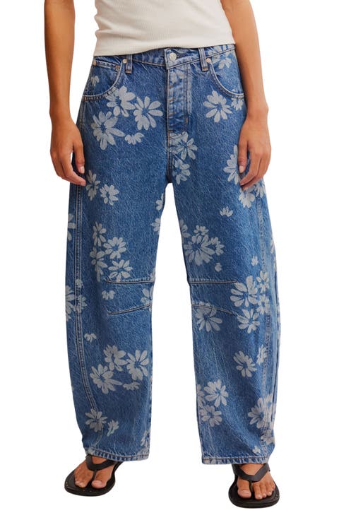 Good Luck Floral Print Barrel Jeans (Laser Daisy)
