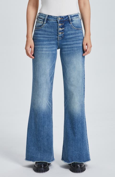 Frayed Exposed Button Mid Rise Wide Leg Jeans