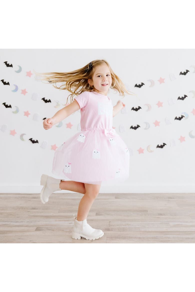 Boo Sequin Patch Halloween Short Sleeve Tutu Dress, Alternate, color, Soft Pink