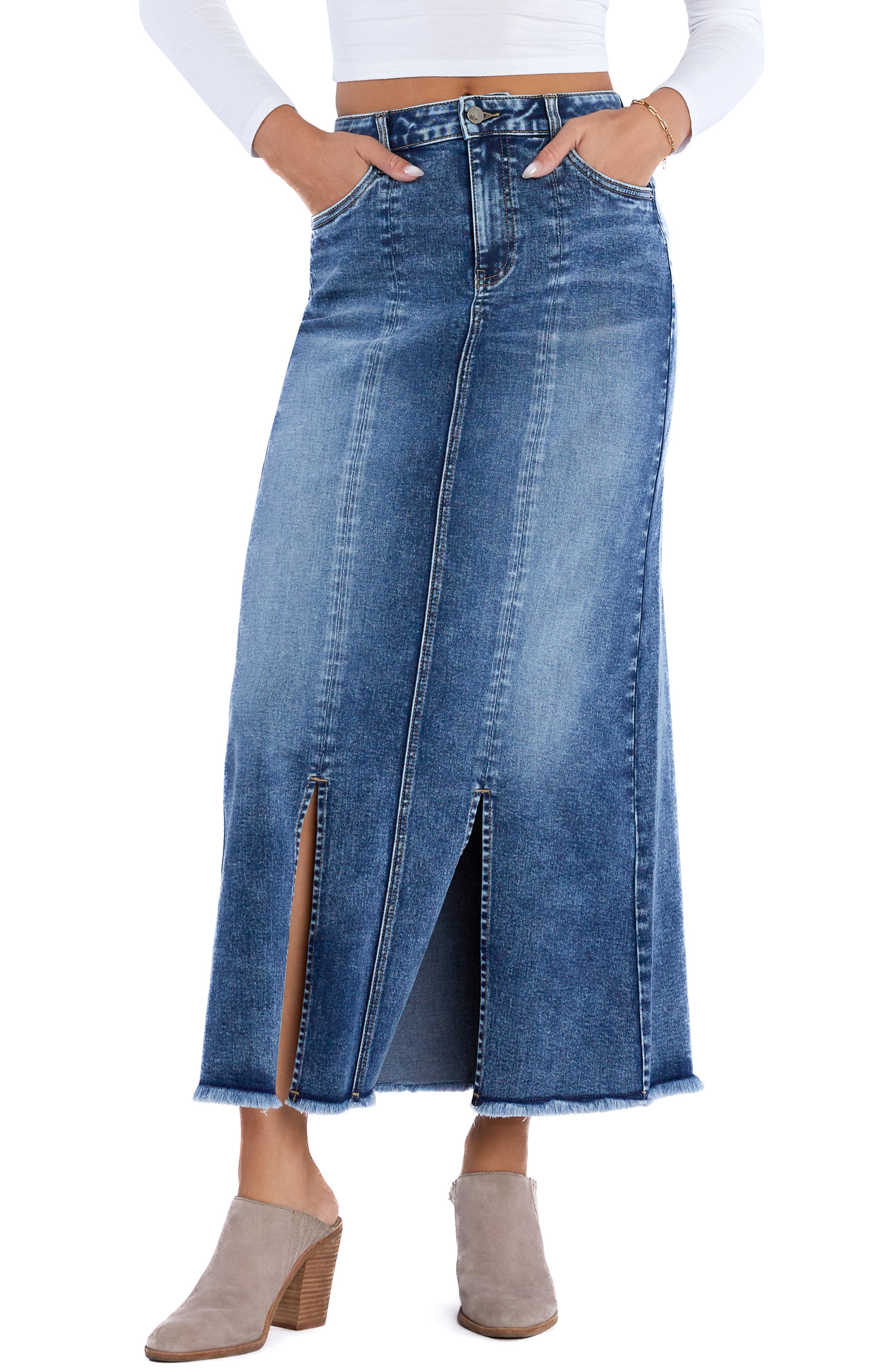 Double Front Slit Denim Maxi Skirt - image 3