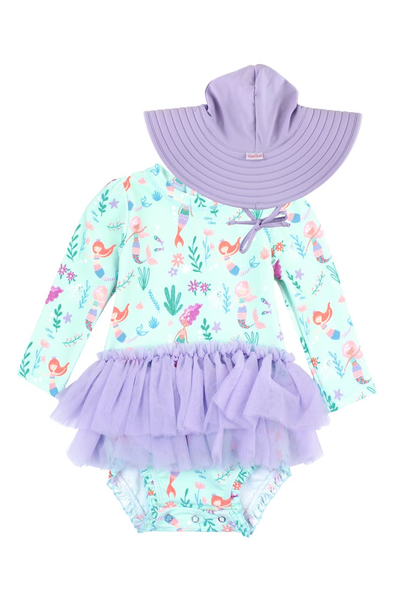 RuffleButts Mermaid Skirted One-Piece Rashguard Swimsuit & Sun Hat Set, Main, color, 