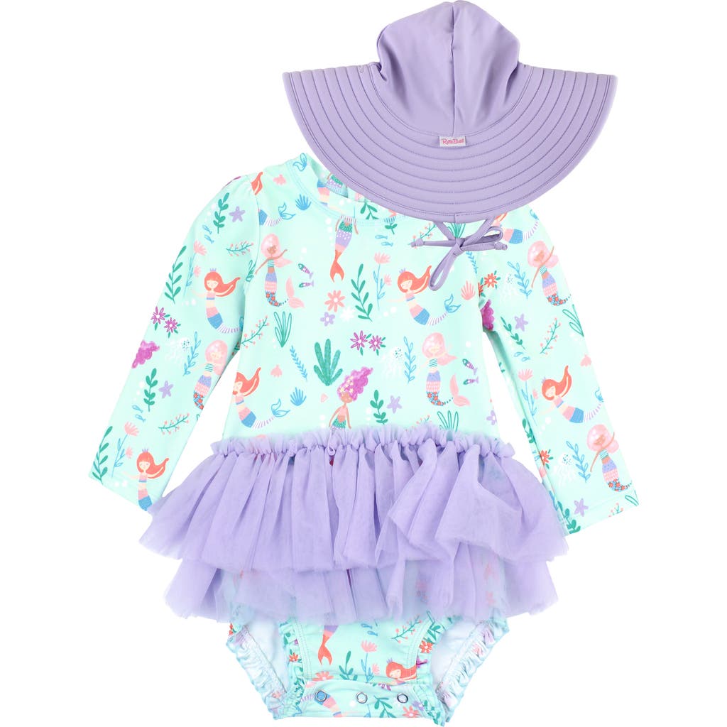 Rufflebutts Mermaid Skirted One-piece Rashguard Swimsuit & Sun Hat Set In Purple